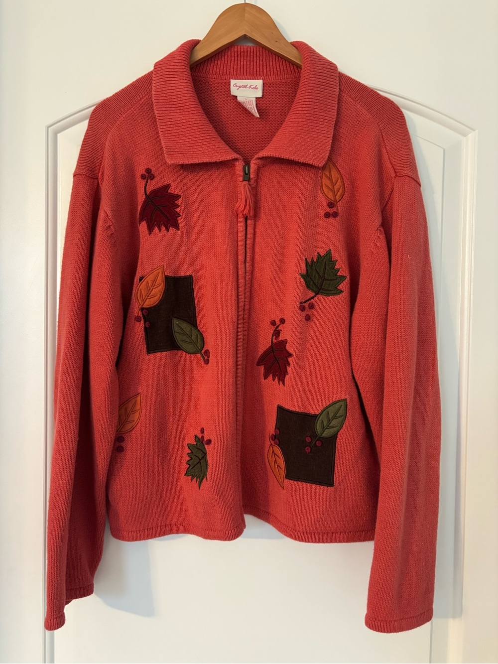 Vintage Crystal Kobe Fall Autumn Leaves Zip Up Sweater Cardigan Pink Coral L